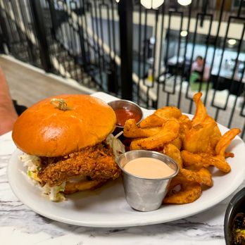 Goodfolks - Nashville Hot Chicken Sandwich ($16) with sidewinder fries (included) and side of good sauce and spicy ketchup ($0.50 each) - Comfort Food Near Me - Georgetown, Texas