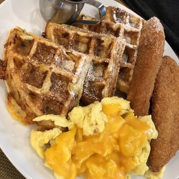 Barking Mad Cafe - Chicken with jalapeño cheddar waffles and bourbon syrup - Coffee & Tea Near Me - Gaithersburg, Maryland