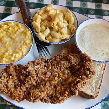 Mia's Table - Chicken fried steak with creamed corn, Mac & cheese and jalapeño gravy - American Near Me - Katy, Texas