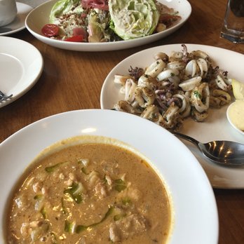 Caramba Restaurant - Seafood chowder up front Calamari A La Plancha in middle Wedge salad at back - Italian Near Me - Whistler, British Columbia Caramba Restaurant - Seafood chowder up front Calamari A La Plancha in middle Wedge salad at back - Italian Near Me - Whistler, British Columbia
