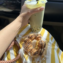 Matcha milk tea & toasted coconut mochinut Matcha milk tea & toasted coconut mochinut