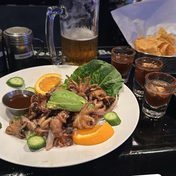 Via Mar Grill & Bar - Seared Octopus with oyster shooters. Some chips and an IPA. They chill their glasses BTW. - Mexican Near Me - Ontario, California Via Mar Grill & Bar - Seared Octopus with oyster shooters. Some chips and an IPA. They chill their glasses BTW. - Mexican Near Me - Ontario, California