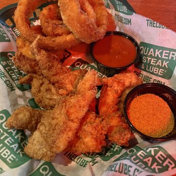 Quaker Steak & Lube - Top Gear Tenders (5) w/O-Rings - dry rub came on the side - American Near Me - Greenville, South Carolina Quaker Steak & Lube - Top Gear Tenders (5) w/O-Rings - dry rub came on the side - American Near Me - Greenville, South Carolina