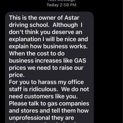 Astar Driving School - Text message I received from the owner.