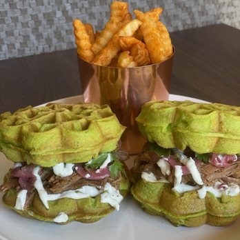Red Maple - Green onion brisket waffle with some delicious fries. - Cafes Near Me - Los Angeles, California Red Maple - Green onion brisket waffle with some delicious fries. - Cafes Near Me - Los Angeles, California