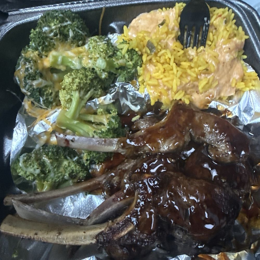 Flight Social - Lamb chops with yellow rice and Cajun Alfredo sauce with Broccoli. - Desserts Near Me - Cleveland, Ohio Flight Social - Lamb chops with yellow rice and Cajun Alfredo sauce with Broccoli. - Desserts Near Me - Cleveland, Ohio