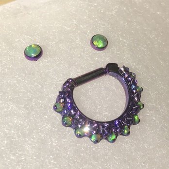 Mr Williams Tattoo - Industrial Strength Aphrodite Septum Clicker in Amethyst CZ, lime green opals & blurple titanium and matching cabochon threaded ends - Tattoo Near Me - Tavares, Florida Mr Williams Tattoo - Industrial Strength Aphrodite Septum Clicker in Amethyst CZ, lime green opals & blurple titanium and matching cabochon threaded ends - Tattoo Near Me - Tavares, Florida