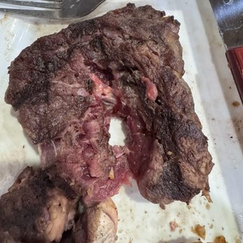 Hill City Cafe - This is the raw cold beef that was served to us as a "medium rare rib eye steak" . We paid $76 for 3 entrees. - Diners Near Me - Hill City, South Dakota
