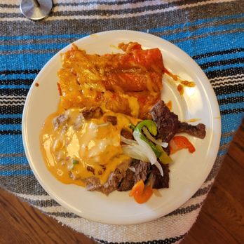 Casa Rio - Enchiladas and beans covered in cheese with beef fajita. - Mexican Near Me - San Antonio, Texas Casa Rio - Enchiladas and beans covered in cheese with beef fajita. - Mexican Near Me - San Antonio, Texas