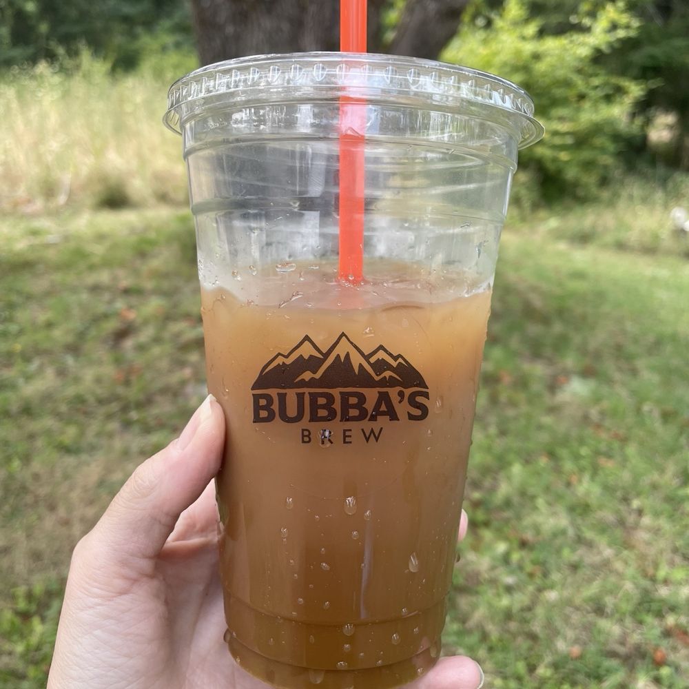 Bubba's Brew - 24 oz iced latte with cheesecake flavor and almond milk (partially consumed) - Coffee & Tea Near Me - White Salmon, Washington Bubba's Brew - 24 oz iced latte with cheesecake flavor and almond milk (partially consumed) - Coffee & Tea Near Me - White Salmon, Washington