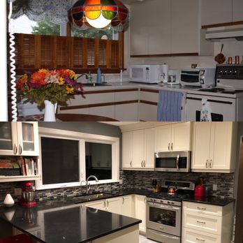 Zed Properties and Renovations - Dated kitchen is on the top. Kitchen was completely gutted new windows, backsplash, custom cabinets and quartz countertops. - Handyman Near Me Zed Properties and Renovations - Dated kitchen is on the top. Kitchen was completely gutted new windows, backsplash, custom cabinets and quartz countertops. - Handyman Near Me