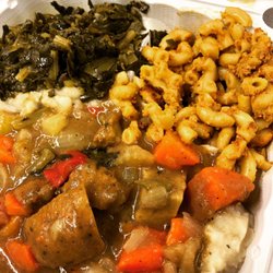 Everlasting Life Vegan Restaurant - Pot roast over mashed potatoes, cashew Mac, greens