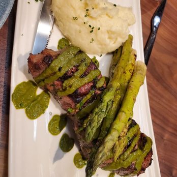 Dryft - NY Strip w/mashed potatoes, asparagus, chimichurri - Seafood Near Me - Revere, Massachusetts Dryft - NY Strip w/mashed potatoes, asparagus, chimichurri - Seafood Near Me - Revere, Massachusetts