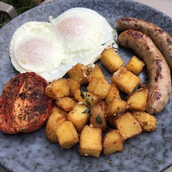 The Conservatory - Eggs, home potatoes, tomato grilled, sausage. - Breakfast & Brunch Near Me - Dallas, Texas