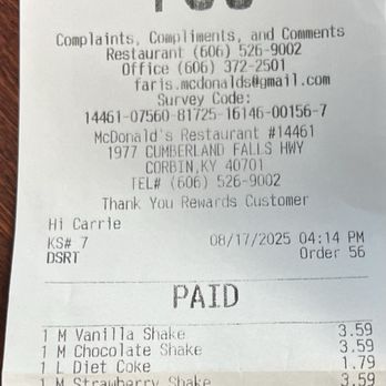 McDonald's - Receipt - Burgers Near Me - Corbin, Kentucky