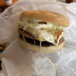 Golden Clover Cafe - BYO breakfast sandwich (sausage 2 egg Swiss on bagel)