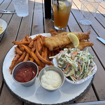 Water's Edge - Fish and chips was fresh and delicious in a great beer batter with fantastic sweet potato fries and a fresh slaw - Seafood Near Me - Mount Pleasant, South Carolina