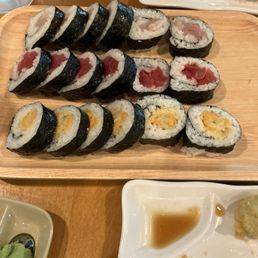Tuna, yellow tail, and sweet potato rolls. Tuna, yellow tail, and sweet potato rolls.