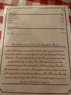 Menu photo 1 Frank's Spaghetti House Corpus Christi, TX