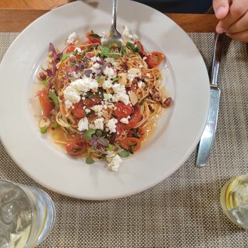 Caprice Cafe - Angel Hair with Tomatoes, Feta and Grilled Calamari - New American Near Me - Redlands, California