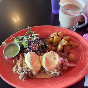 Kikey's Cafe - Carnitas eggs benedict and horchata latte - Breakfast & Brunch Near Me - Burien, Washington