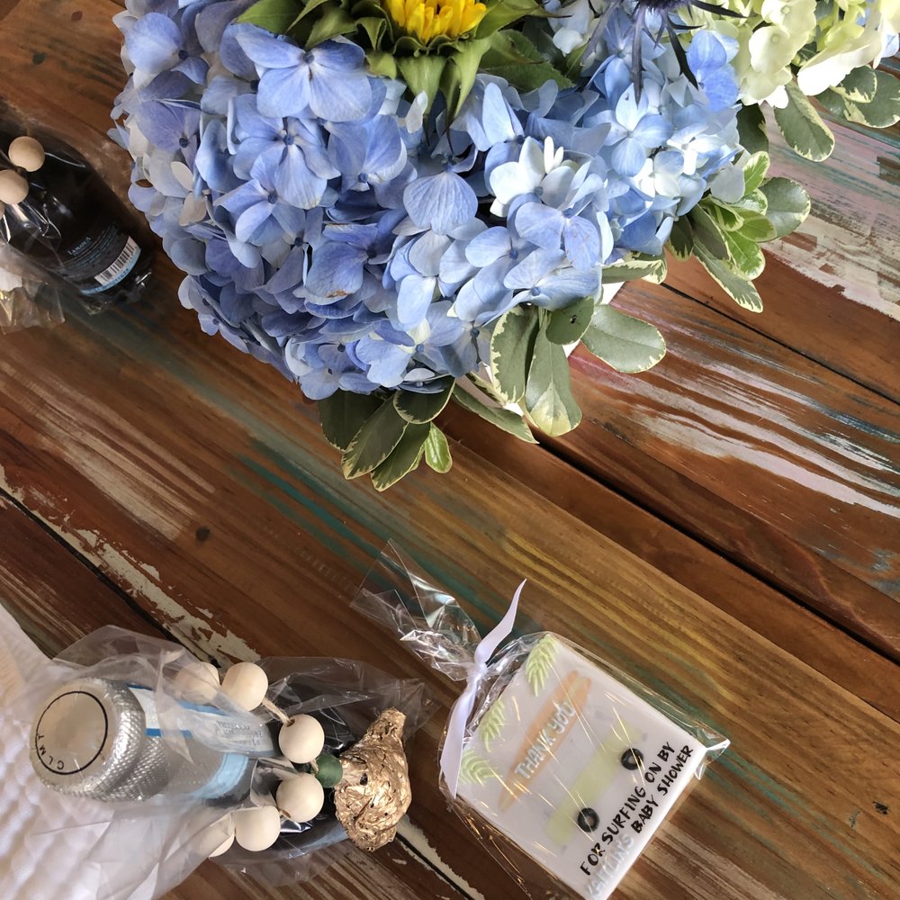 Beautiful flowers for a baby shower - blue and white hydrangeas, sunflowers, tulips thistle, pom pom and roses -- rave compliments from all! Beautiful flowers for a baby shower - blue and white hydrangeas, sunflowers, tulips thistle, pom pom and roses -- rave compliments from all!