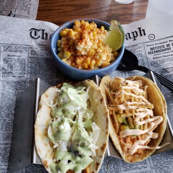 Chicago Taco Authority - Elotes on top. Fish taco on the left and chicken tinga taco on the right - Tacos Near Me - Chicago, Illinois