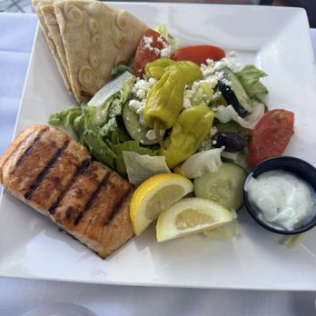 Spiro's Mediterranean Cuisine - Greek Salad with salmon - Mediterranean Near Me - La Jolla, California Spiro's Mediterranean Cuisine - Greek Salad with salmon - Mediterranean Near Me - La Jolla, California