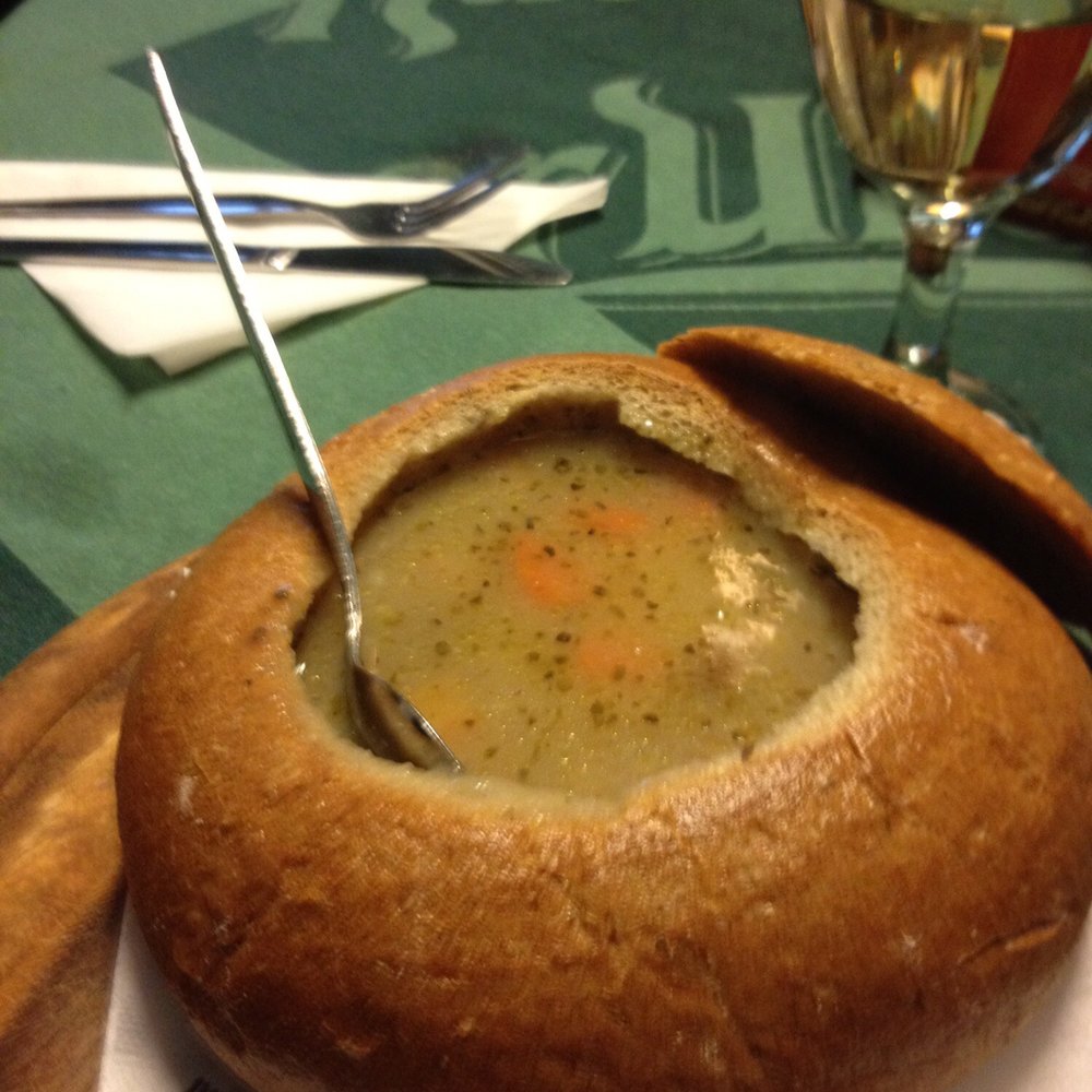 Soup in a bread bowl! Hearty and delicious! Perfect for a chilly day!