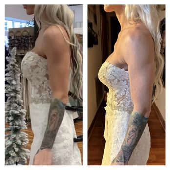 Sincerely Yours Bridal - On the left, bust was perfect on sample dress in the store, on the right is the ill-fitting dress that was sent to me - Bridal Near Me - Manchester, Missouri