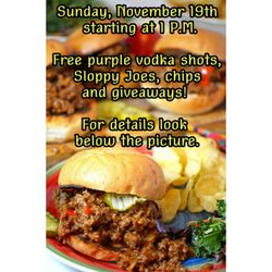 The Drinkery - But a drink & get complementary Sloppy Joes, chips and giveaways! Enjoy free purple vodka shots for every touchdown the Ravens score.