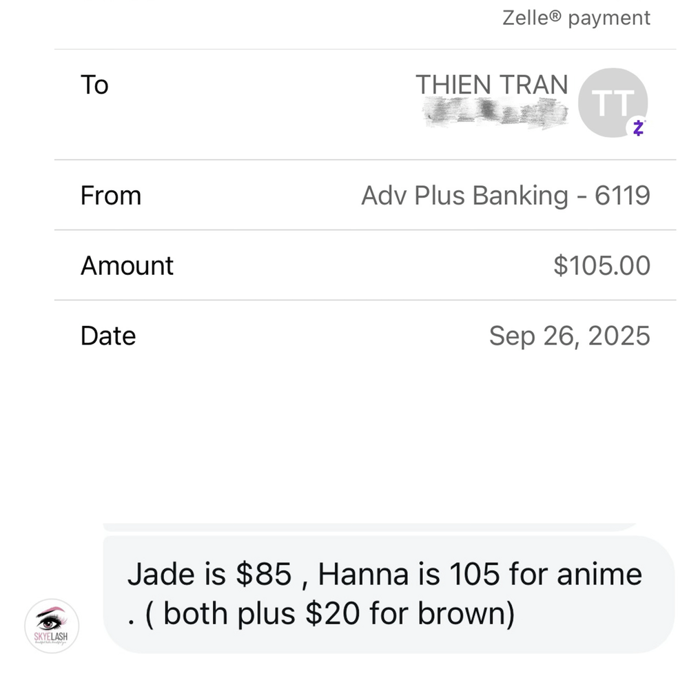 Skyelash Studio - Bank transition and message shows I paid for $105 instead of the owner's claim of $65 - Eyelash Service Near Me - San Jose, California Skyelash Studio - Bank transition and message shows I paid for $105 instead of the owner's claim of $65 - Eyelash Service Near Me - San Jose, California