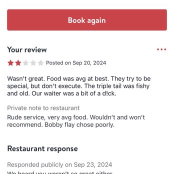 Indigenous Restaurant - Their response to rude service and poor food. Says what you need to know about ownership. - New American Near Me - Sarasota, Florida