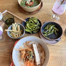 Shojin Shoyu Ramen (top) & Platon Tonkotsu Ramen (bottom) & French fries with seasoned seaweed & Pan-fried Edamame