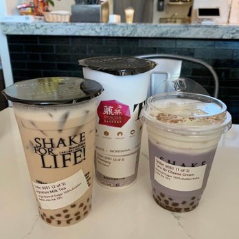 Ding Tea - Left to right: Signature Milk Tea, Strawberry Yakult, and Taro with Cheese Cream - Bubble Tea Near Me - Sacramento, California
