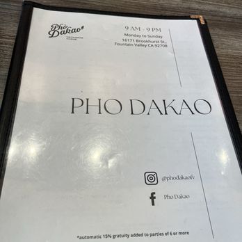Pho Dakao - Menu - Vietnamese Near Me - Fountain Valley, California