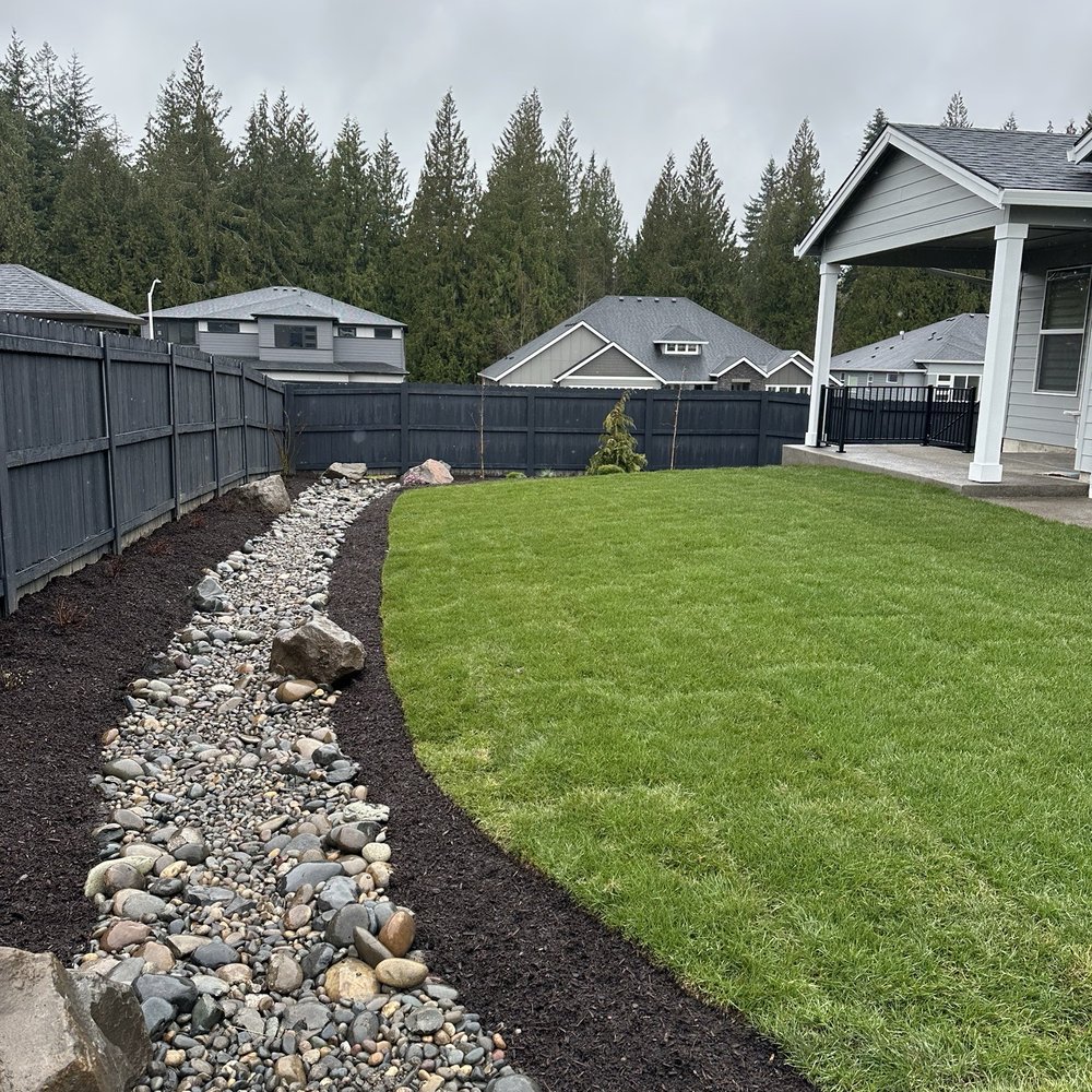 Simple Lawns Landscape Design - Backyard, creek bed for drainage. - Irrigation Near Me - Vancouver, Washington