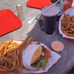 Bacon Cheese Burger and Chicken Bacon Ranch baskets with bartered fries & milkshake!