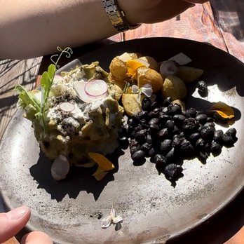 Esencia del Valle - Chilaquiles with potato and black beans - Seafood Near Me - Valle de Guadalupe, BCN Esencia del Valle - Chilaquiles with potato and black beans - Seafood Near Me - Valle de Guadalupe, BCN