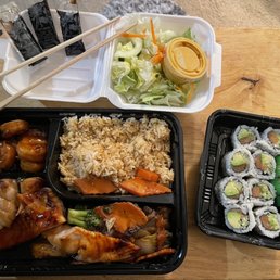 Combo meal Shrimp and Salmon, with mixed vegetables, rice, side salad and Alaska roll. Combo meal Shrimp and Salmon, with mixed vegetables, rice, side salad and Alaska roll.