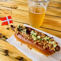 Reffen Skøjteøen - Copenhagen Street Food - Danish hot dog! I like the remoulade and sweet pickled cucumbers. I could skip the crispy fried onions.