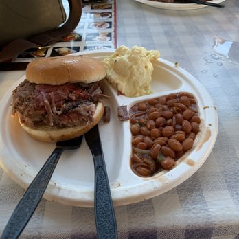 Big John's Texas BBQ - Beef Brisket Sandwich with Cowboy beans and potato salad. It was all good. - Barbeque Near Me - Page, Arizona Big John's Texas BBQ - Beef Brisket Sandwich with Cowboy beans and potato salad. It was all good. - Barbeque Near Me - Page, Arizona