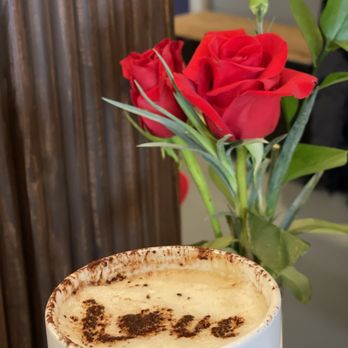 Fork Hill Kitchen - Latte I had on Valentine's Day with "love" - New American Near Me - Union City, New Jersey