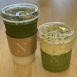 matcha with young coconut (left) & matcha einspanner (right) matcha with young coconut (left) & matcha einspanner (right)