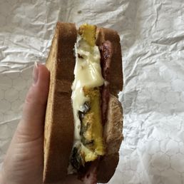 Oh Mommy Umami Egg Croissant sandwich on gluten free bread, added turkey bacon Oh Mommy Umami Egg Croissant sandwich on gluten free bread, added turkey bacon
