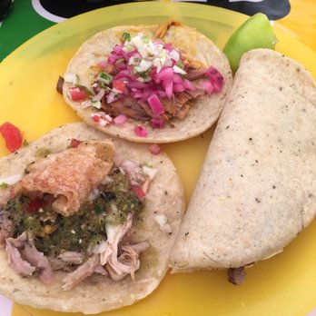 Taquería Honorio - 2 tacos (Conchinita Pibil top and Lechon below) and one pork quesadilla (Carne Asada right). - Mexican Near Me - Tulum, ROO