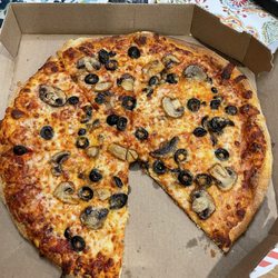 Domino's Pizza - Mushrooms and olives with extra cheese. Not seeing the "extra" cheese!