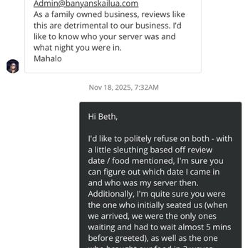 Banyans Craft Kitchen and Lounge - 1 of 2 screenshots of message interaction - Lounges Near Me - Kailua, Hawaii