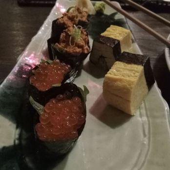 Asuka - Nigiri plate: eel, ikura, tamago, monkfish liver. Not pictured here: black snapper - Sushi Bars Near Me - Los Angeles, California