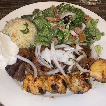 Zaytoon - Mashawi Combo with lamb, filet and free range chicken with garlic sauce, rice and fattoush salad - Lebanese Near Me - Santa Barbara, California Zaytoon - Mashawi Combo with lamb, filet and free range chicken with garlic sauce, rice and fattoush salad - Lebanese Near Me - Santa Barbara, California